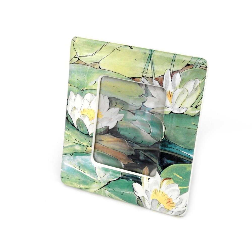 Vintage Charpente Ceramic Tabletop Picture Frame Blooming Lotus Asian 4"X5"